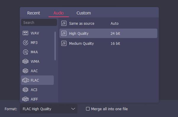 set output format as flac