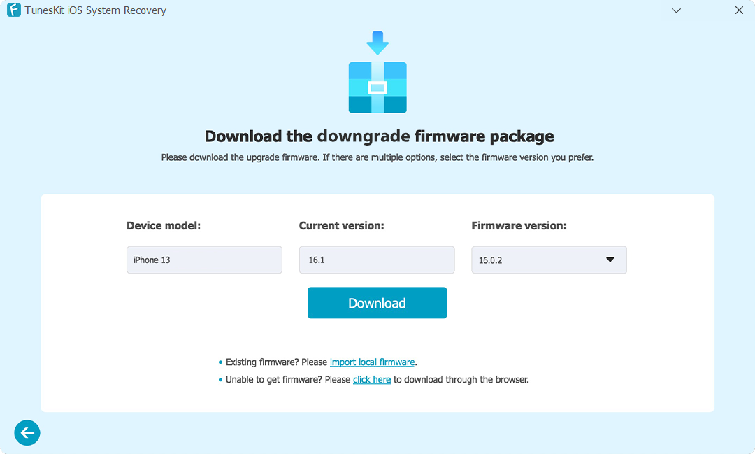 downloading the downgrade firmware package