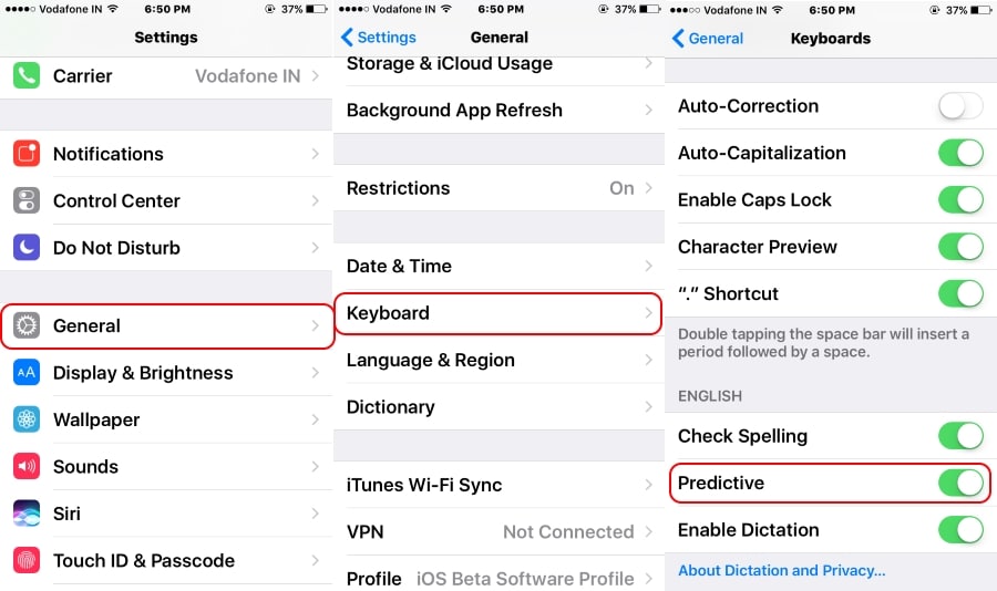 auto crrection predictive settings