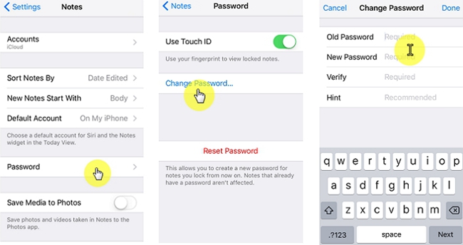 change iphone notes password