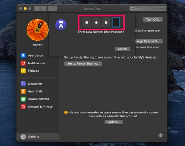 change screen time passcode via mac