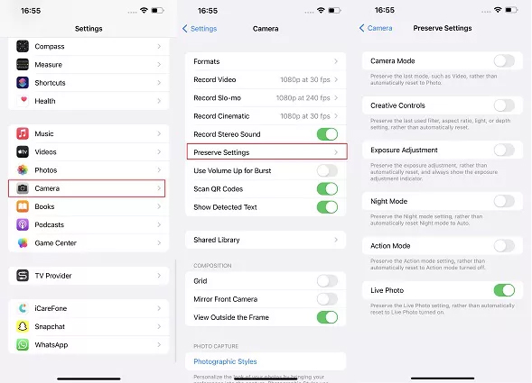 check camera preserve settings