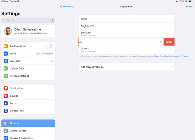 delete third-party keyboard on ipad