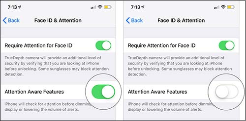 disable attention aware features on iphone