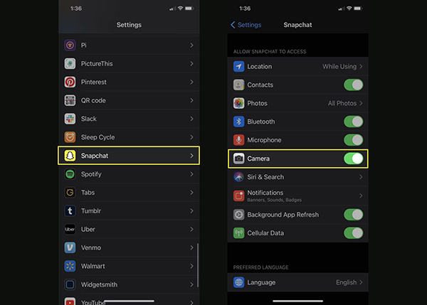 enable camera access on snapchat