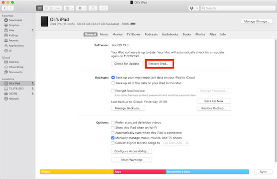 restore ipad via finder