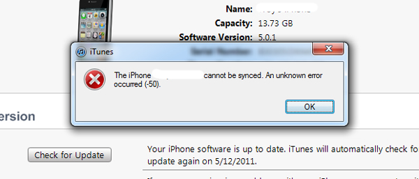 itunes error -50