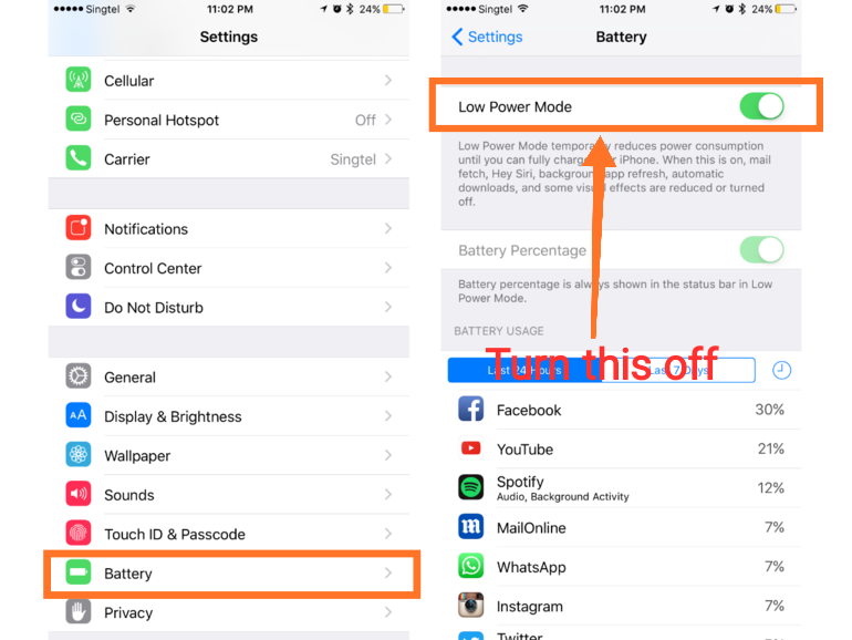 inactivate low power mode on iphone