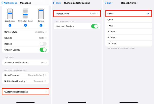 customize messages repeat alerts on iphone