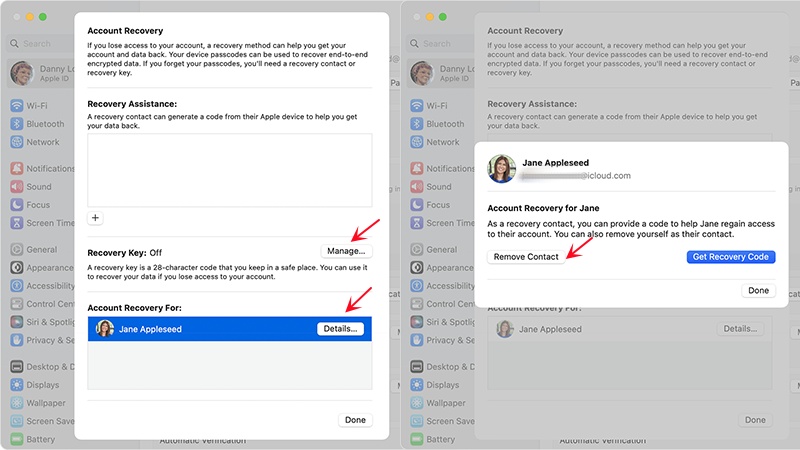 remove account recovery contact on mac