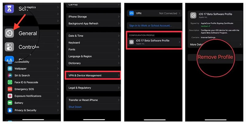remove ios 17 beta profile