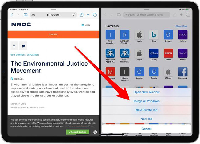 remove ipad split screen by merging windows