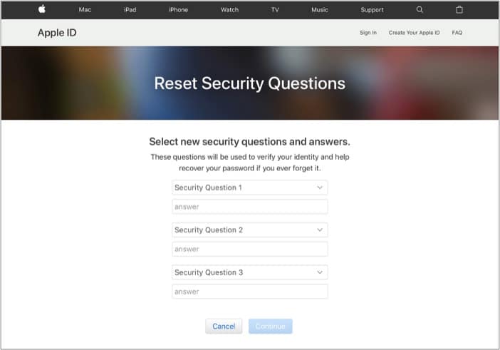 reset apple id security questions