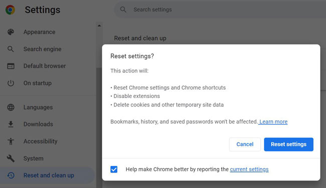 chrome reset settings