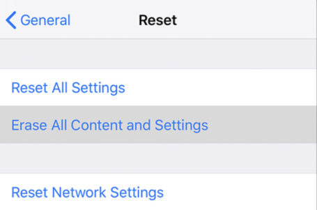 reset all content and settings