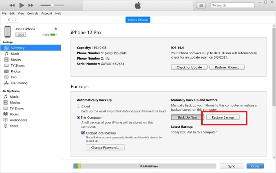 restore data from itunes