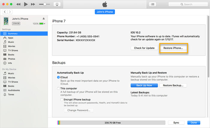 restore iphone via itunes