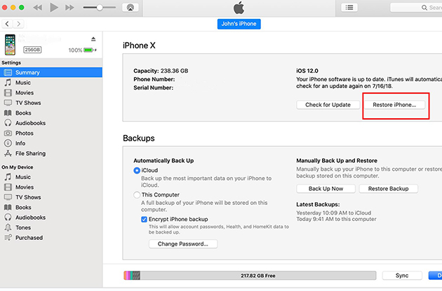 factory reset iphone x via itunes