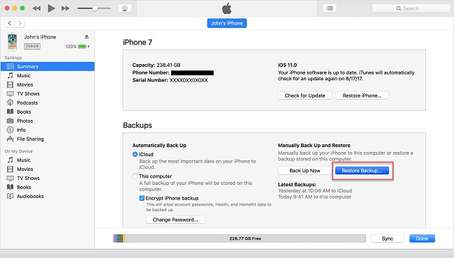 restore backup via itunes