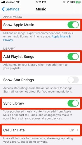 check icloud and music settings