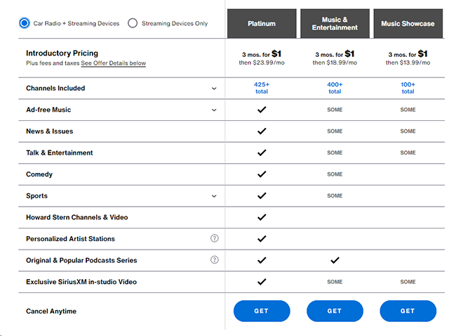 siriusxm price