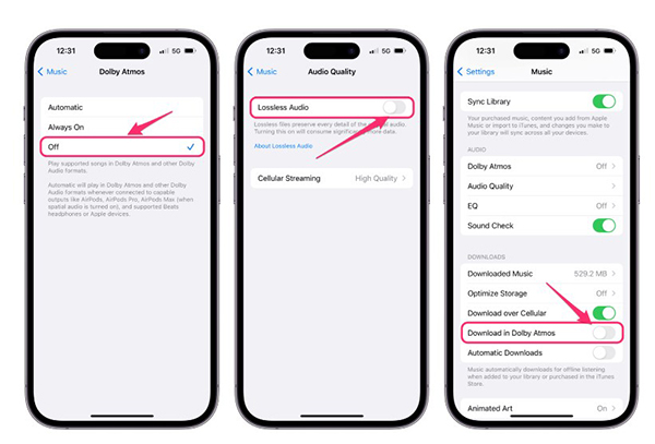 turn off dolby atmos and lossless audio on iphone