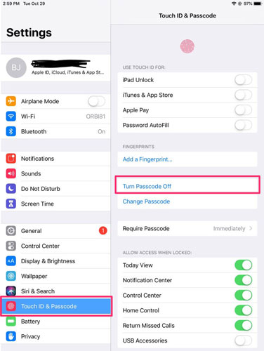turn passcode off