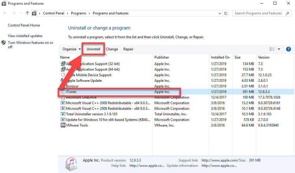uninstall itunes