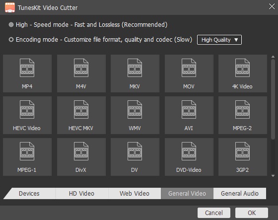 select output audio format for trimming audio